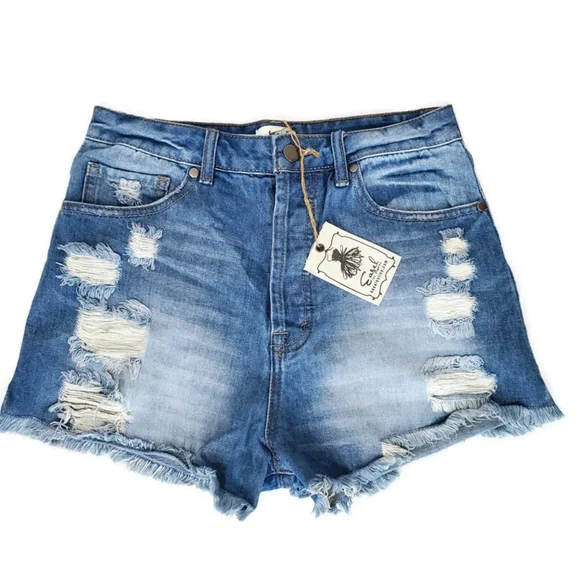 Easel Los Angeles Distressed Denim Shorts High Rise NWT Size Small Button Fly - Picture 1 of 11